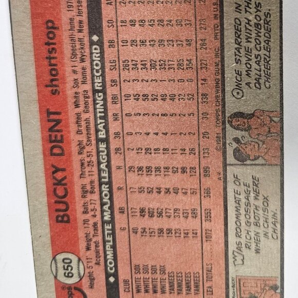 1981 TOPPS 650 BUCKY DENT - Picture 4 of 12